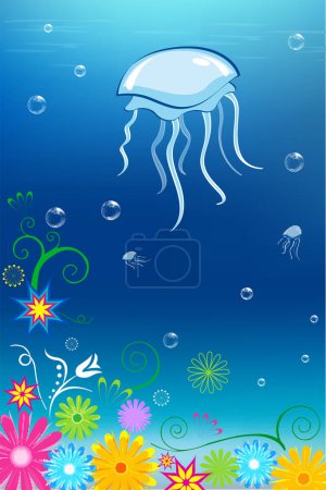 Illustration for Sea theme with jellyfish and flowers. - Royalty Free Image