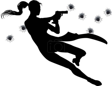 Illustration for Female heroin leaping through the air in film style gunfight action sequence. - Royalty Free Image