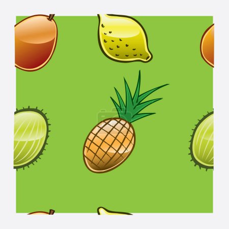 Illustration for A series of fruits made into a repeat pattern against a grass green background. - Royalty Free Image