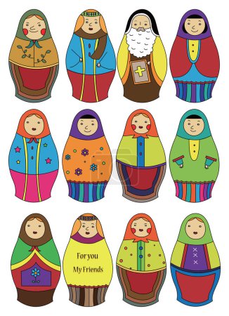 Téléchargez les illustrations : Dessin animé poupées russes icône - en licence libre de droit