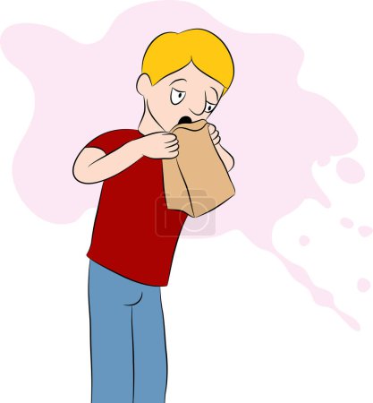 Illustration for An image of a man using a barf bag. - Royalty Free Image