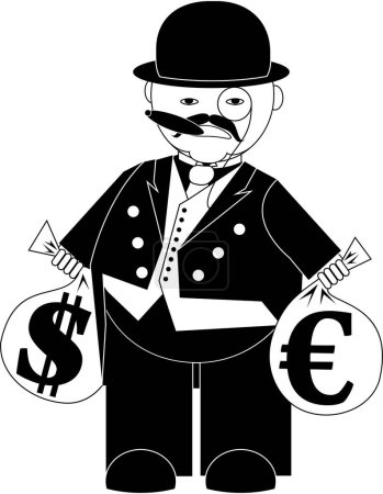 Téléchargez les illustrations : Illustration vectorielle banquier dessin animé avec des sacs d'argent isolé sur blanc - en licence libre de droit