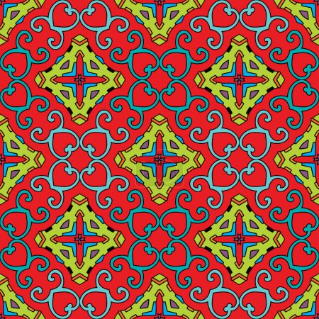 Illustration for Seamless and elegant Baroque pattern with colorful swirls on a bright red background - Royalty Free Image