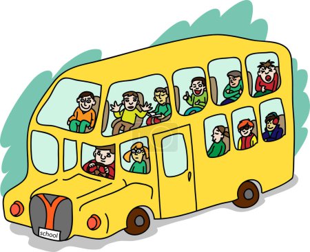 Ilustración de Vector de dibujos animados de un niño feliz en el autobús escolar - Imagen libre de derechos