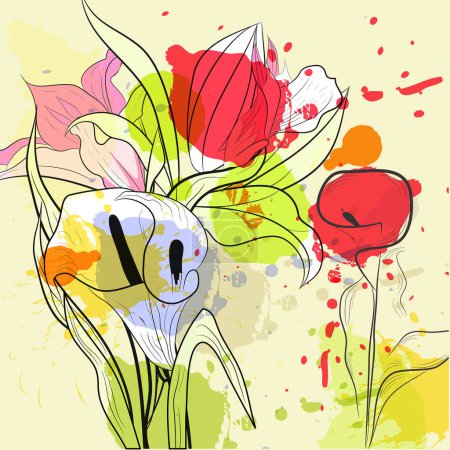 Ilustración de Hermosos alcatraces flores sobre fondo grunge - Imagen libre de derechos