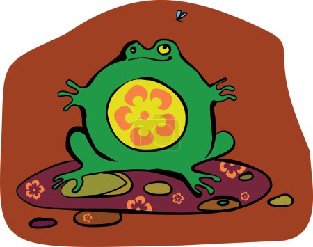 Téléchargez les illustrations : Illustration vectorielle d'une jolie grenouille verte assise sur une feuille blanche. - en licence libre de droit
