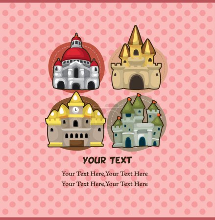 Illustration for Set of three cute cartoon icons with various types of architecture and landmarks. vector illustration - Royalty Free Image