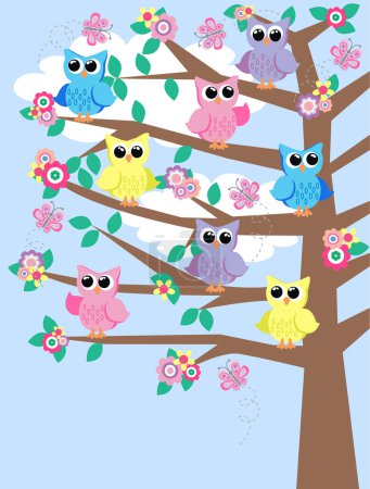 Téléchargez les illustrations : Illustration de chouettes mignonnes sur une branche d'arbre - en licence libre de droit