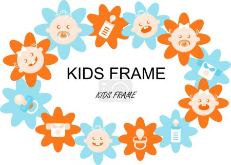 Illustration for Children 's frame with cartoon character. vector illustration of colorful frame. cute children 's faces, colorful doodle design. vector illustration. - Royalty Free Image