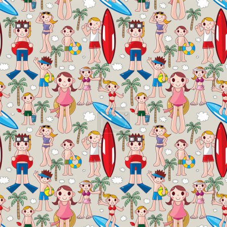 Illustration for Seamless pattern with cute cartoon girls and tropical beach, vector illustration - Royalty Free Image