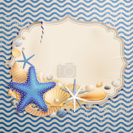 Ilustración de Conchas marinas con estrellas de mar. fondo de verano. - Imagen libre de derechos
