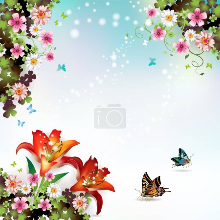 Téléchargez les illustrations : Belles fleurs et papillons - en licence libre de droit