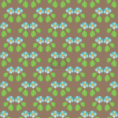Illustration for Handpainted seamless vector pattern with blue flowers and green leaves on a brown background - Royalty Free Image