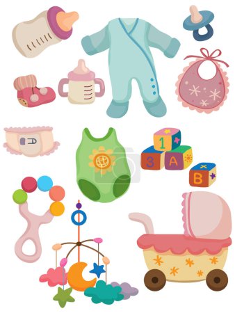 Illustration for Baby toys, toys and accessories. set of icons of baby clothes. vector illustration - Royalty Free Image