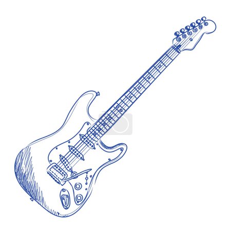 Téléchargez les illustrations : Croquis vectoriel d'une guitare électrique à l'encre bleue - en licence libre de droit