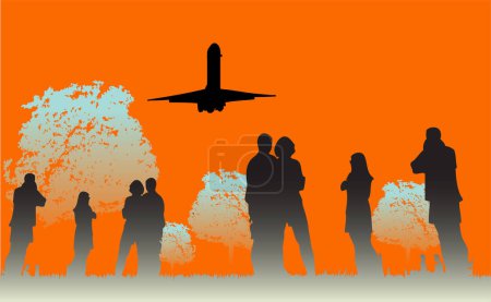 Ilustración de Ilustración de la aeronave y las personas al atardecer - Imagen libre de derechos