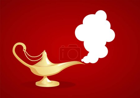 Illustration for Gold magic lamp on red background. - Royalty Free Image