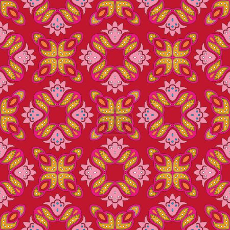 Illustration for Cheerful, seamless and colorful floral pattern with dots on a bright red background - Royalty Free Image
