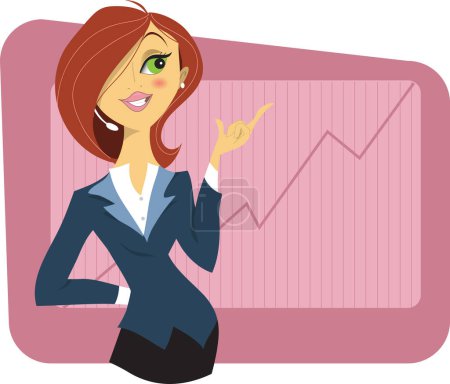 Téléchargez les illustrations : Jeune femme sexy en costume d'affaires montrant un graphique de la réussite de la finance ou de la croissance de l'entreprise - en licence libre de droit