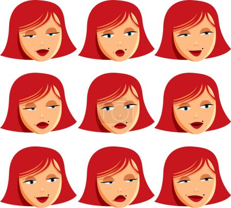 Ilustración de Conjunto de rostros femeninos. ilustración vectorial de una mujer con un pelo rojo. - Imagen libre de derechos