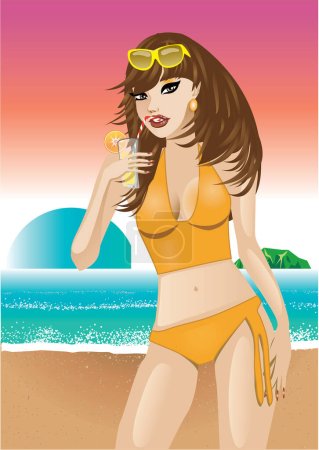 Ilustración de Versión rasterizada Ilustración de una chica de bikini naranja en la playa. - Imagen libre de derechos