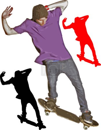 Téléchargez les illustrations : Skateboarder en action sur fond blanc avec espace de copie - en licence libre de droit