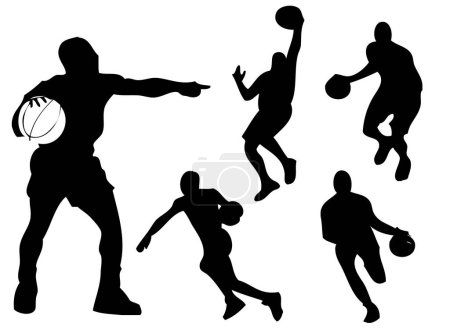 Téléchargez les illustrations : Silhouette des joueurs de basket-ball dans différentes poses et attitudes - en licence libre de droit