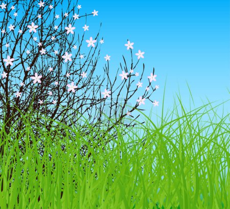 Illustration for Vector tree with flower at spring green field and blue sky - Royalty Free Image