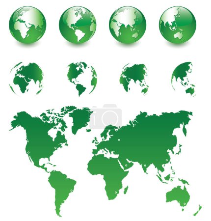 Téléchargez les illustrations : Globe mondial vert avec carte et vecteur de carte - en licence libre de droit