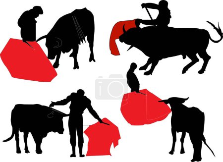 Téléchargez les illustrations : Ensemble vectoriel de silhouettes de taureaux et matadors - en licence libre de droit