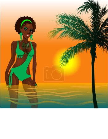 Ilustración de Playa verde con chica en el agua, vector ilustración diseño simple - Imagen libre de derechos
