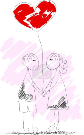 Téléchargez les illustrations : Couple dessiné à la main avec ballon coeur - en licence libre de droit