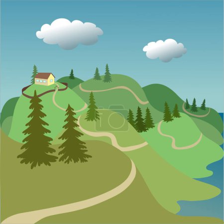 Illustration for Vector illustration of mountain landscape with green trees, hills - Royalty Free Image