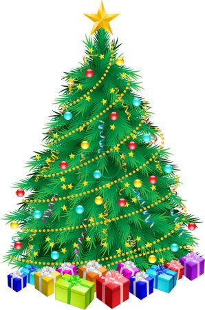 Téléchargez les illustrations : Arbre de Noël avec des cadeaux colorés et des décorations, isolé sur fond blanc, vecteur - en licence libre de droit