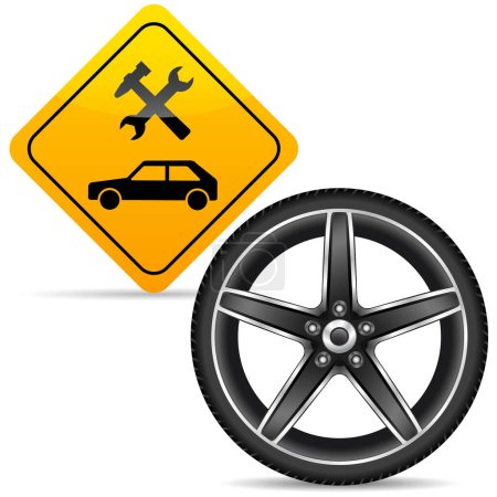 Téléchargez les illustrations : Illustration vectorielle de roue de voiture et panneau routier - en licence libre de droit