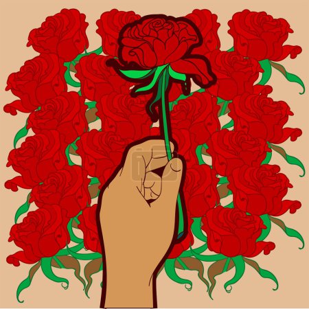 Illustration for Hand holding red rose with a hand drawn vector illustration - Royalty Free Image