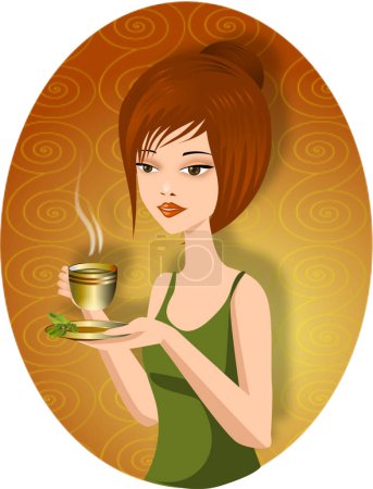 Téléchargez les illustrations : Jeune fille boire du thé le matin - en licence libre de droit