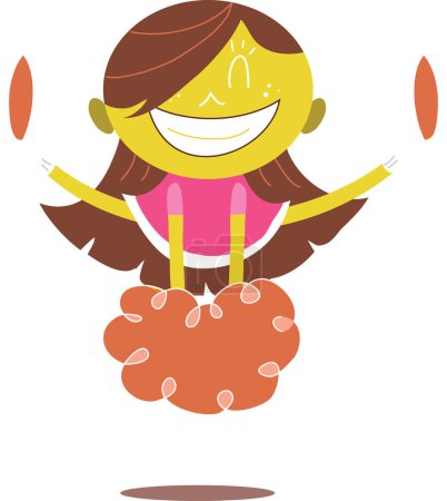 Illustration for Young illustration of a smiling yellow cheerleader jumping and cheering doing a split in the air. Looks excited. - Royalty Free Image