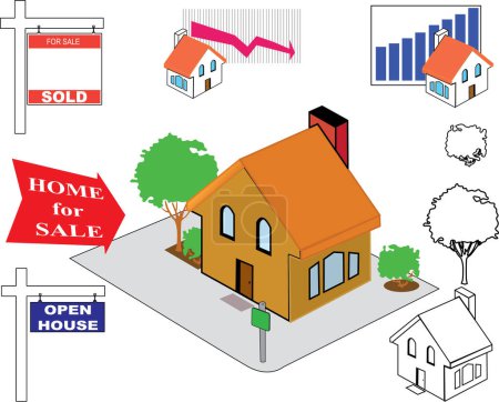 Téléchargez les illustrations : Illustration vectorielle de maisons, panneaux de vente - en licence libre de droit
