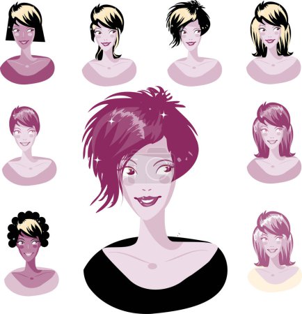 Téléchargez les illustrations : Ensemble de portraits féminins, illustration vectorielle - en licence libre de droit