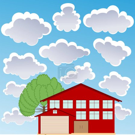 Téléchargez les illustrations : Illustration avec maison rouge et nuages - en licence libre de droit