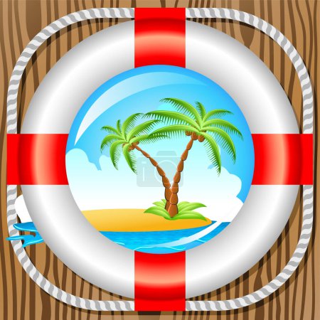 Illustration for Lifebuoy on the beach with palm tree - Royalty Free Image