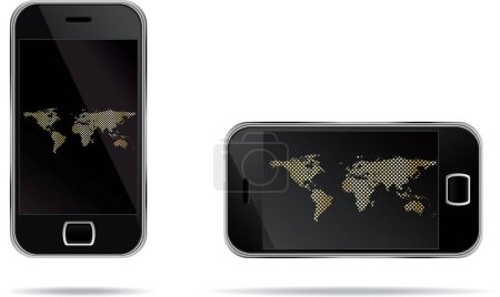Illustration for Mobile phones with world maps on white background, vector illustration. - Royalty Free Image