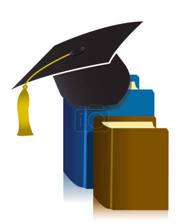 Téléchargez les illustrations : Chapeau de graduation et icône de livres, style dessin animé - en licence libre de droit
