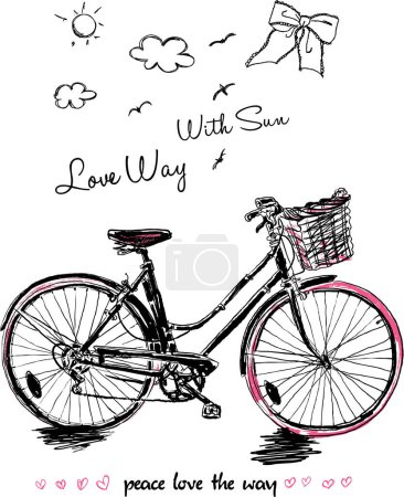 Illustration for Vector hand-drawn illustration of a bicycle with lettering love, romantic card. - Royalty Free Image