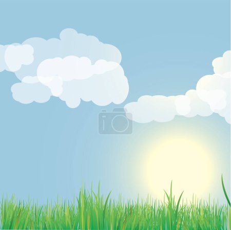 Téléchargez les illustrations : Herbe verte et soleil, ciel nuageux - en licence libre de droit