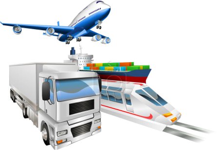 Illustration for 3 d illustration of cargo ships with planes and trucks - Royalty Free Image