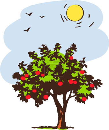 Téléchargez les illustrations : Illustration d'un arbre avec une pomme rouge sur fond blanc - en licence libre de droit