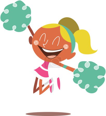 Illustration for Young blond illustration of a smiling cheerleader jumping and cheering. Looks excited. - Royalty Free Image