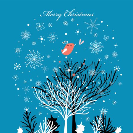 Ilustración de Tarjeta de Navidad con árboles y pájaros - Imagen libre de derechos